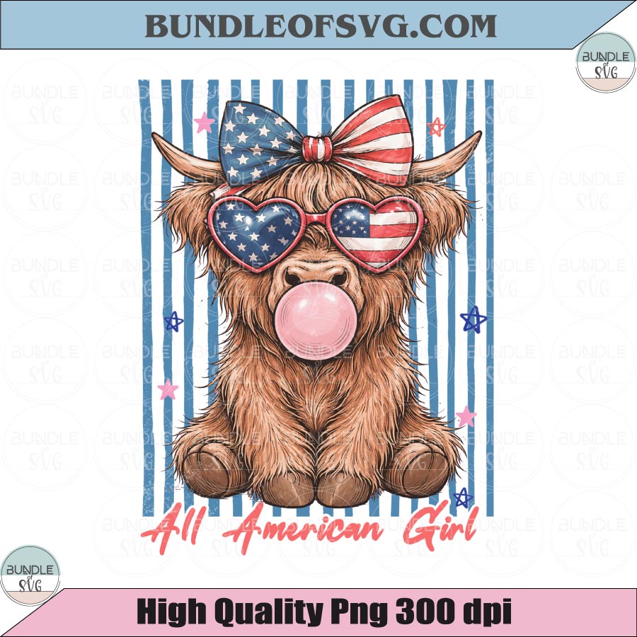 All American Girl Highland Cow PNG Patriotic 4th of July Cow Png