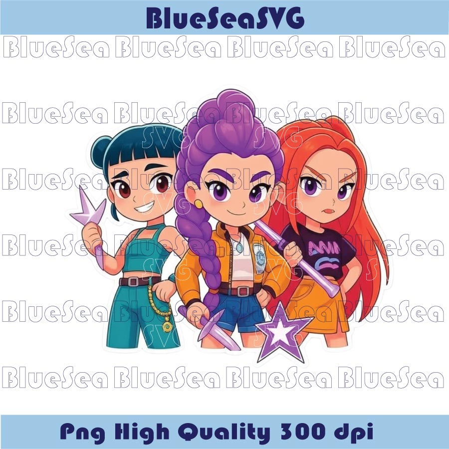 Huntrix Chibi Trio Png Graphic Kpop Demon Hunters Sticker Style