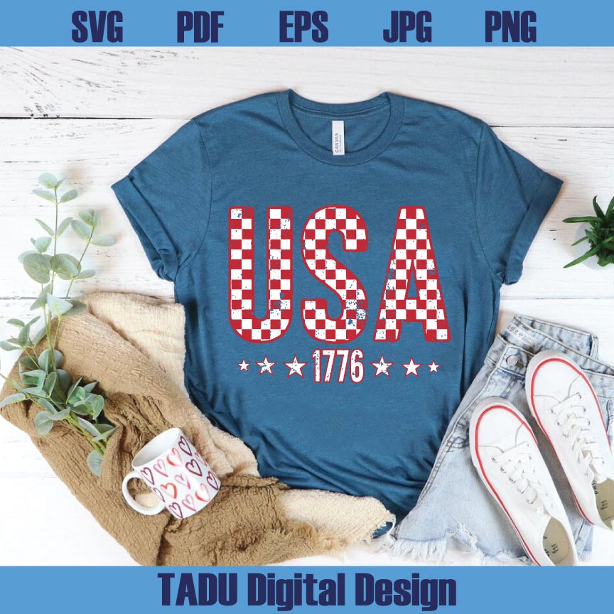 Checkered USA Svg 1776 Checkered America Png Retro 4th of July Svg Png Dxf Eps Files