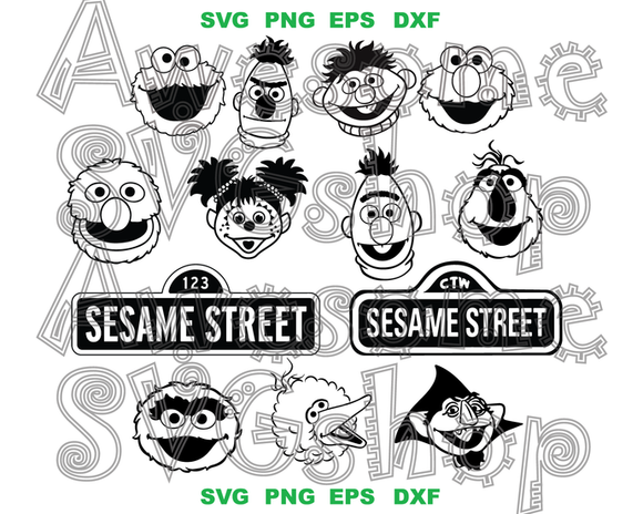 Sesame Street Silhouette svg Sesame Street faces Head Clipart Birthday Invitation Decorations Party svg png dxf cut files cricut