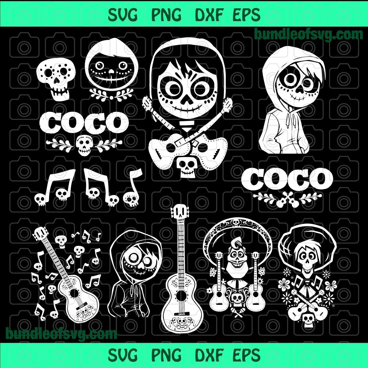 Bundle Pixar Coco SVG Miguel Rivera Guitar Coco Birthday Party Ornament Invitation svg png dxf eps files Cricut