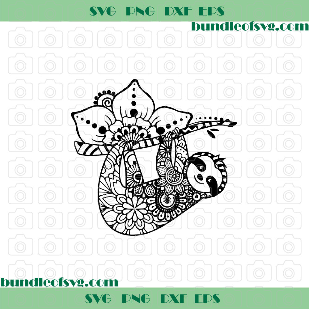 Hanging Sloth Mandala Zentangle SVG Flower Sloth Floral Sloth svg eps png dxf files cameo cricut - BundleofSVG