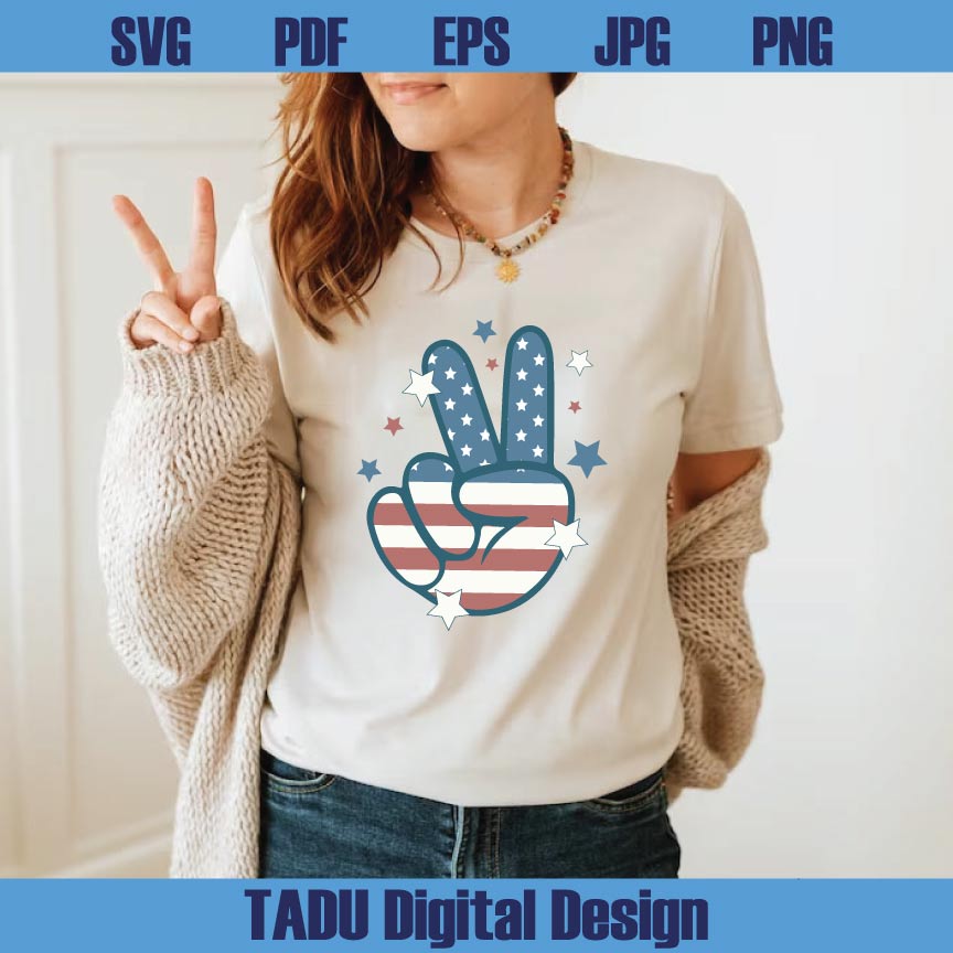 4th of July Svg Peace Hand Sign USA Flag Svg Retro 4th of July Png Svg Dxf Eps Files