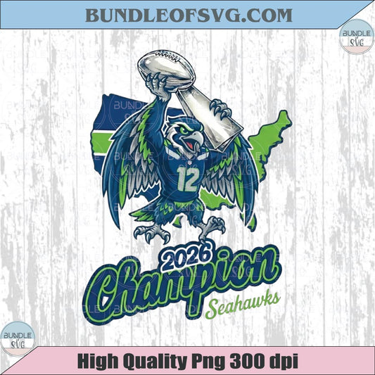 2026 Champion Seahawk Mascot with Trophy 12th Png Seattle Png