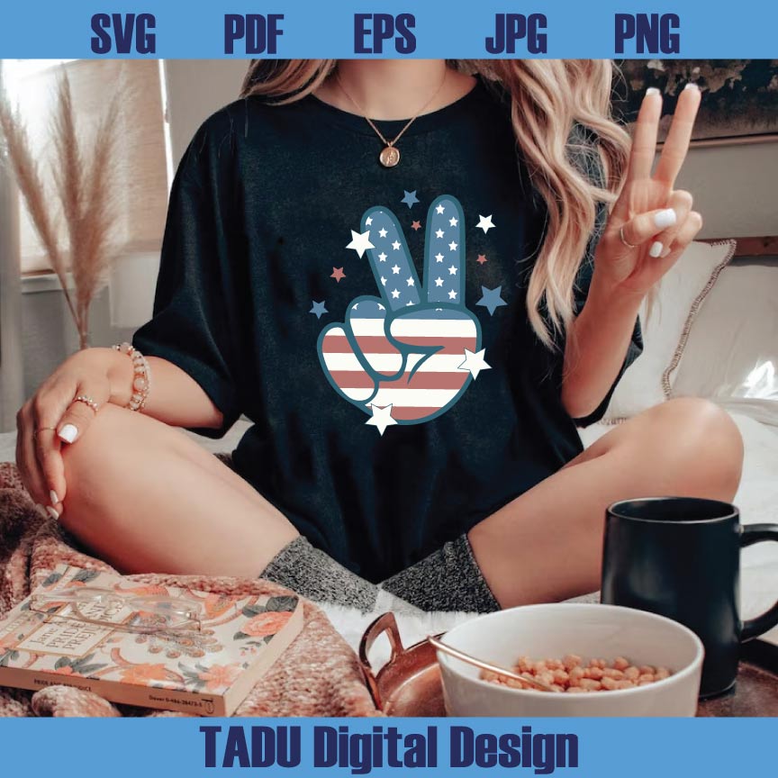 4th of July Svg Peace Hand Sign USA Flag Svg Retro 4th of July Png Svg Dxf Eps Files
