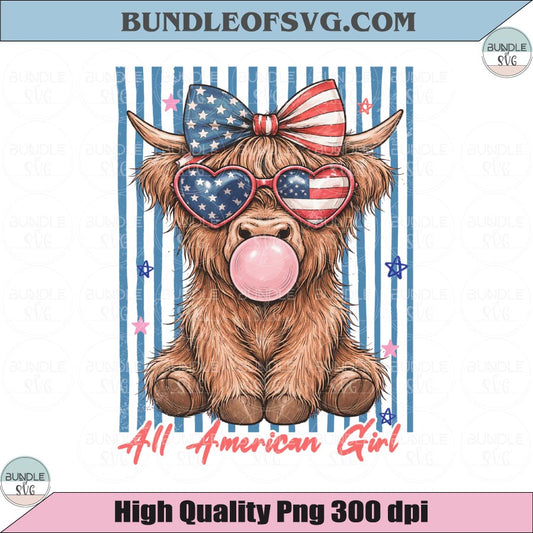 All American Girl Highland Cow PNG Patriotic 4th of July Cow Png
