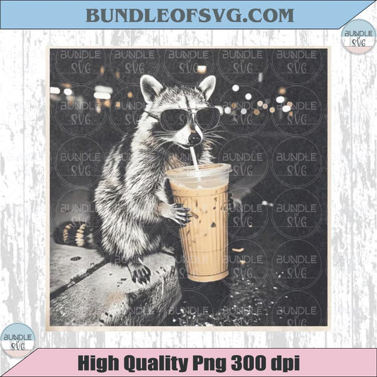 Funny Raccoon Drinking Iced Coffee PNG Animal Meme Shirt Graphic
