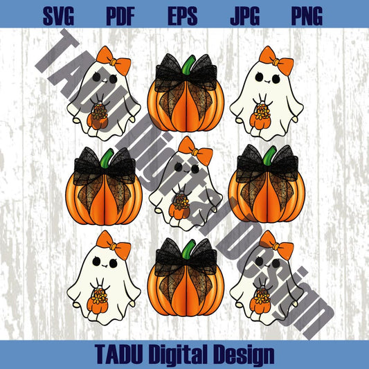 Ghost Pumpkin Black Bows Lace Png Cute Halloween Png Trendy Boo