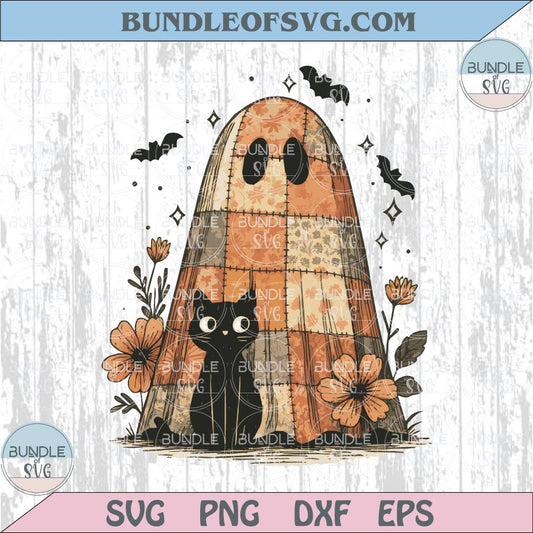 Halloween Patchwork Ghost and Cat Png Floral Spooky Black Cat Png