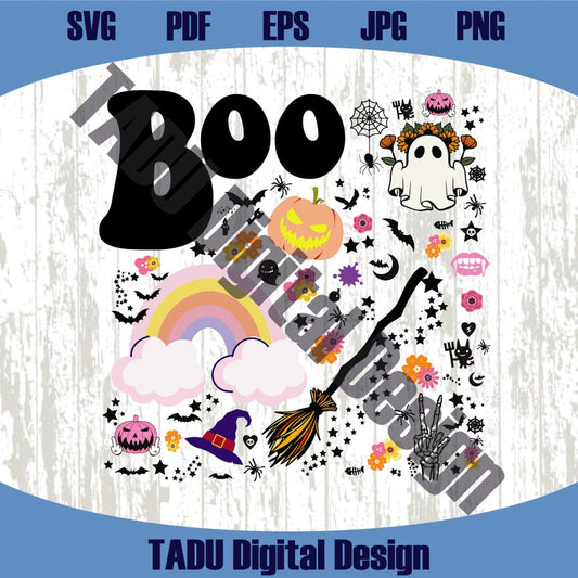 Halloween Png Doodle Collage Boo Floral Checker Collage Spooky Svg