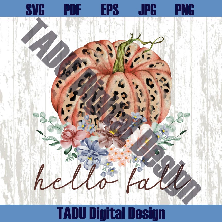 Hello Fall Leopard Pumpkin Floral Png Autumn Svg Boho Pumpkin Png