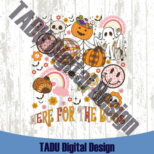 Here For The Boos Png Fall Doodle Checkered Collage Halloween Png