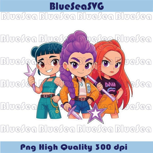 Huntrix Chibi Trio Png Graphic Kpop Demon Hunters Sticker Style