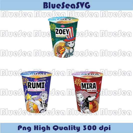 Huntrix Ramen PNG KPop Huntrix Rumi Zoey Mira with Noodle Png