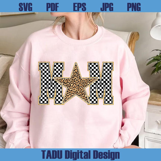 Leopard Star Mom Png Checkered Gold Glitter Sequin Faux Mom Png