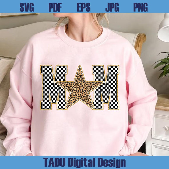 Leopard Star Mom Png Checkered Gold Glitter Sequin Faux Mom Png