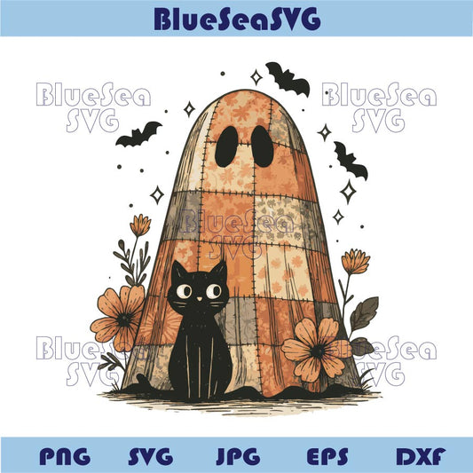 Patchwork Ghost and Cat Png Halloween Floral Spooky Black Cat Png