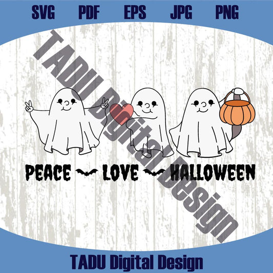 Peace Love Halloween Png Boo Ghost with Heart Pumpkin Spooky Svg