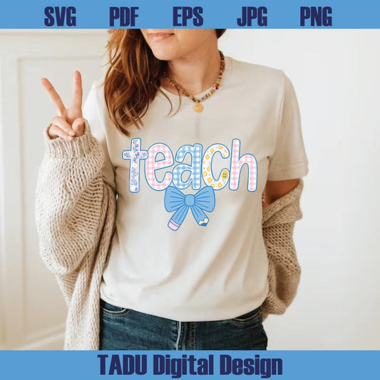 Preppy Teacher Floral Coquette Png Teach Blue Floral Pencil Bow Png