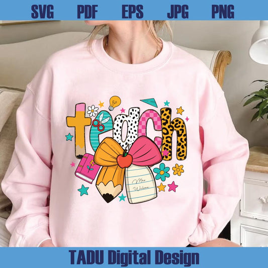 Preppy Teacher Pencil Coquette Bow Doodle Leopard Png Teach Name
