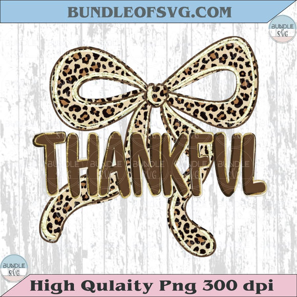 Preppy Thankful Hand Drawn Leopard Glitter Coquette Bow Png