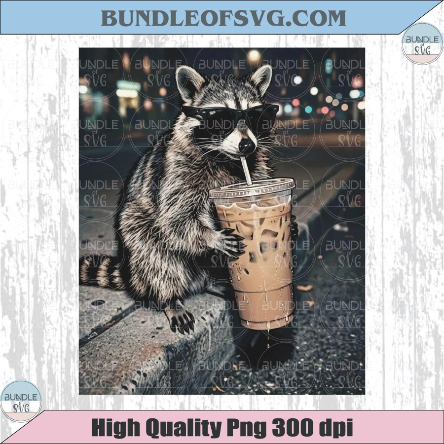 Raccoon Drinking Iced Coffee PNG Trendy Meme Shirt Graphic Design