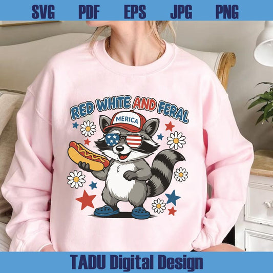 Red White And Feral Png 4th Of July Svg Funny Raccoon Hot Dog Png