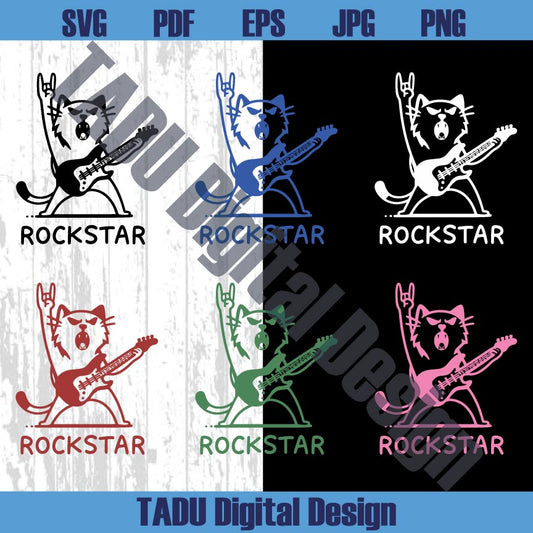 Rockstar Cat with Guitar Svg Rock and Roll Cat Svg Ugly Cat Png