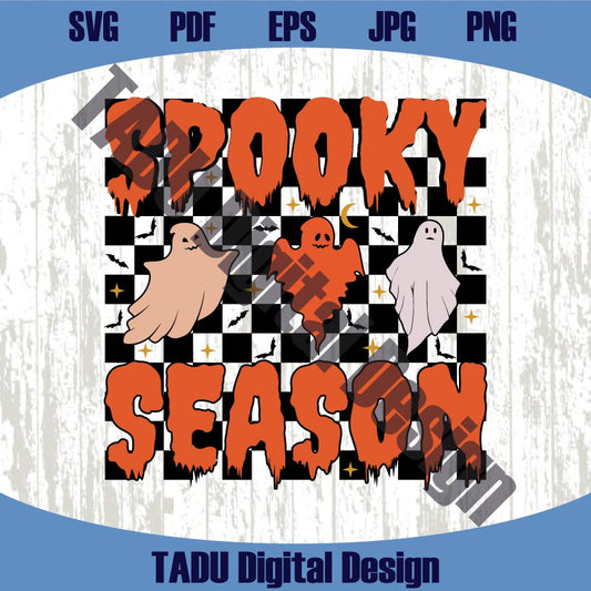 Spooky Season Png Checkered Retro Halloween Svg Ghost Boo Png