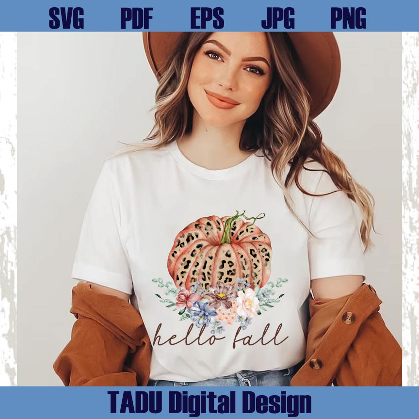 Hello Fall Leopard Pumpkin Floral Png Autumn Svg Boho Pumpkin Png