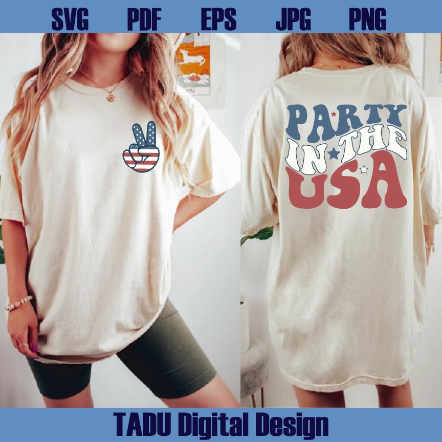Party in the USA Svg Retro 4th of July Svg Peace Hand Patriotic Svg Png Dxf Eps Files