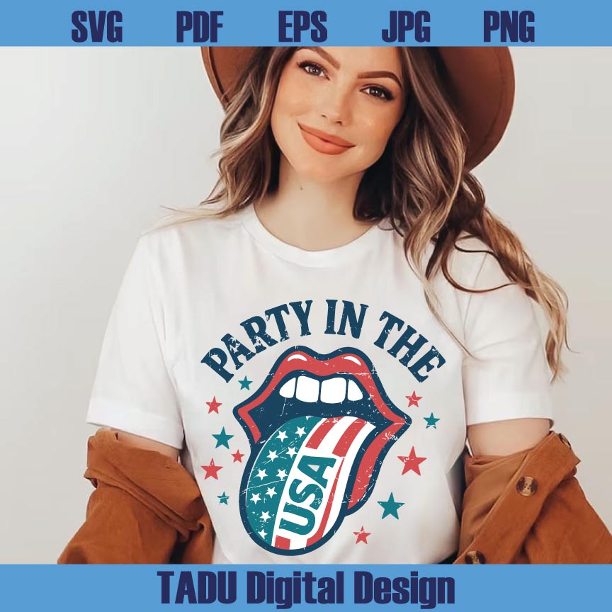 Party in the USA Svg Lisps Tongue USA flag Png Retro 4th of July Svg Png Dxf Eps Files