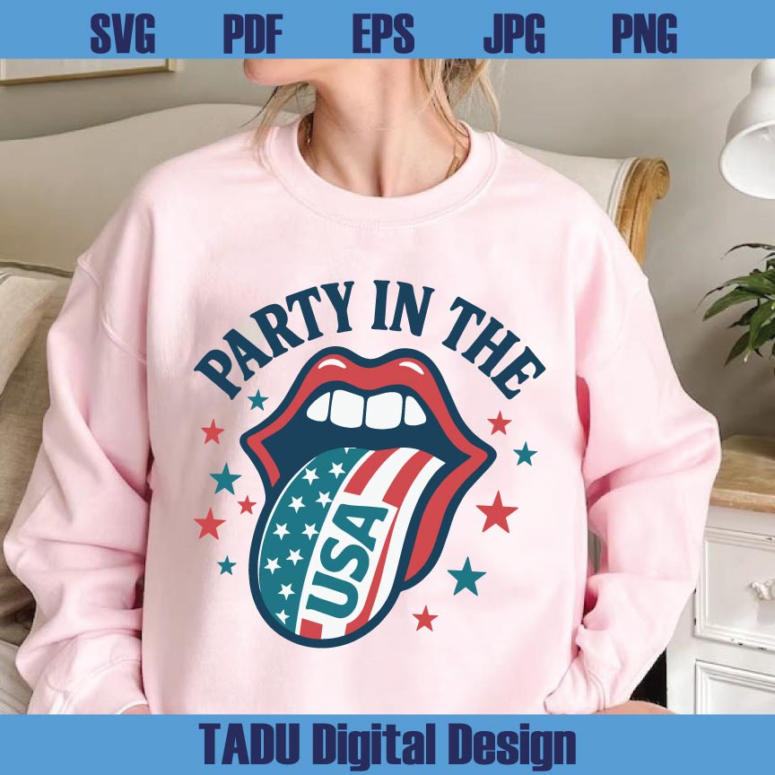 Party in the USA Svg Lisps Tongue USA flag Png Retro 4th of July Svg Png Dxf Eps Files