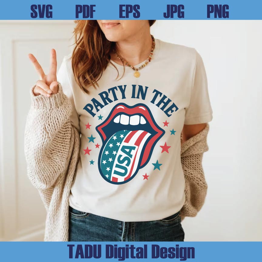 Party in the USA Svg Lisps Tongue USA flag Png Retro 4th of July Svg Png Dxf Eps Files