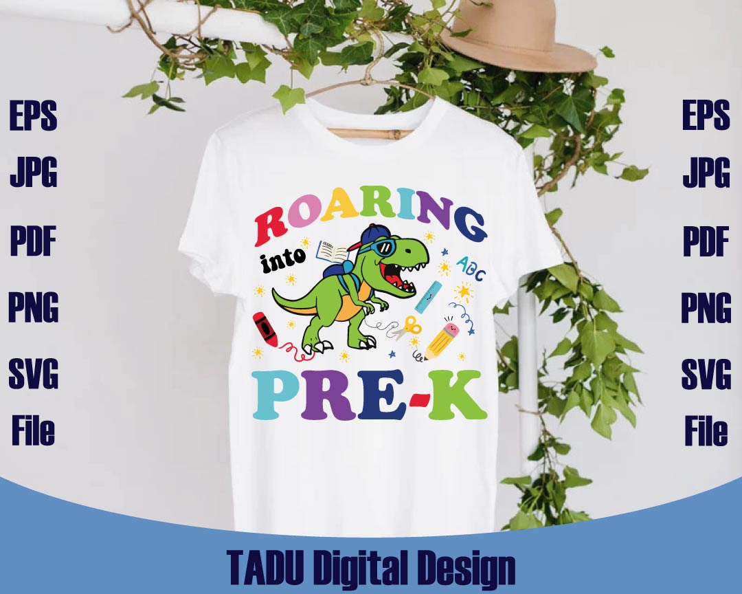 Roaring Into Pre-K Svg Back To School Png T-Rex Dinosaur Kid Svg