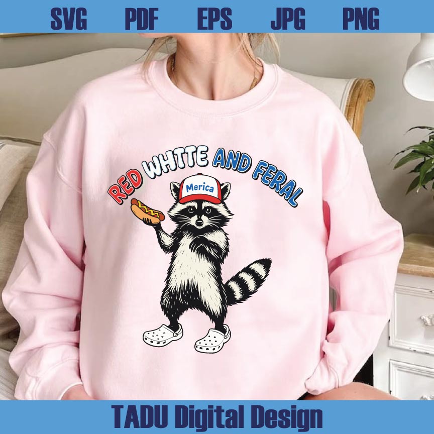Red White And Feral Raccoon Png Funny 4th of July Svg Feral USA Svg Png Dxf Eps Files