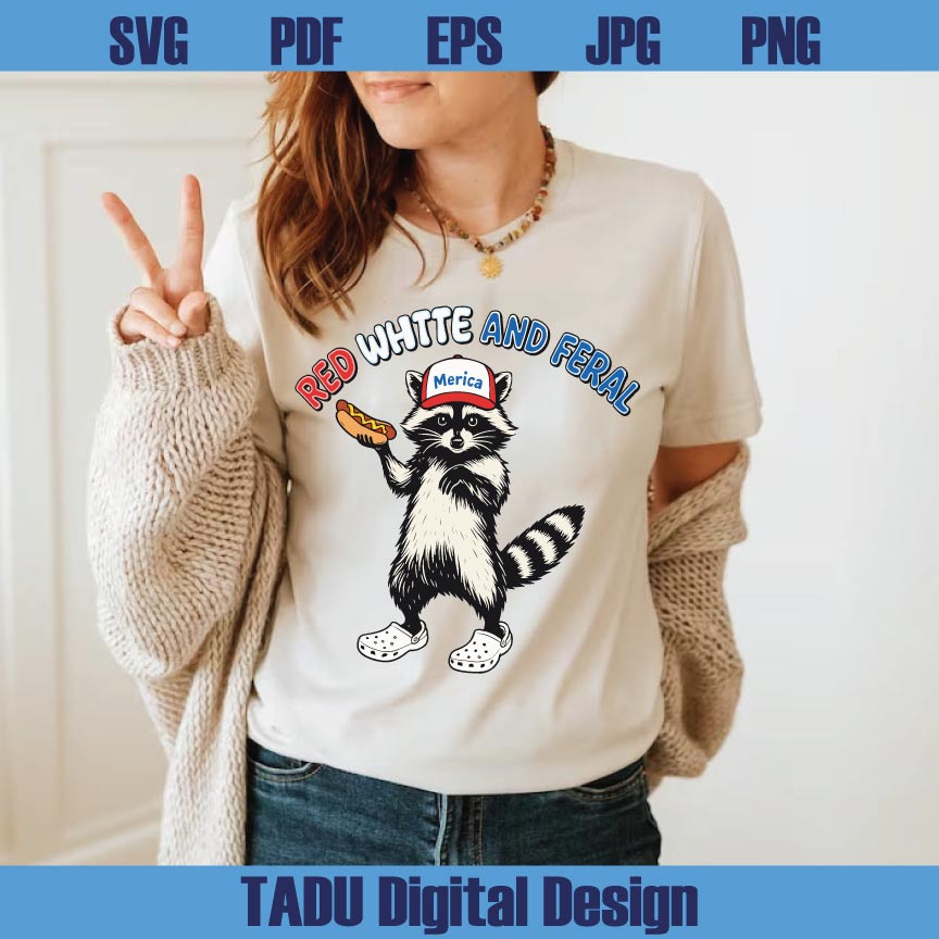 Red White And Feral Raccoon Png Funny 4th of July Svg Feral USA Svg Png Dxf Eps Files