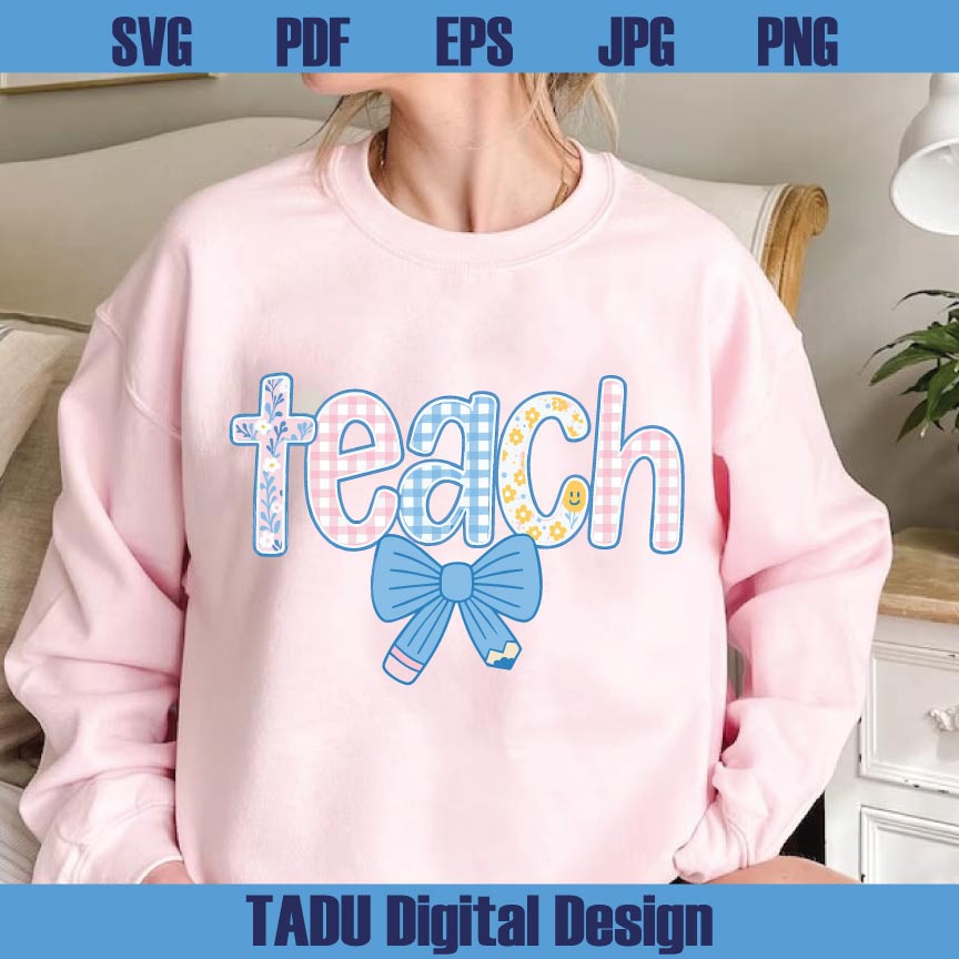 Preppy Teacher Floral Coquette Png Teach Blue Floral Pencil Bow Png