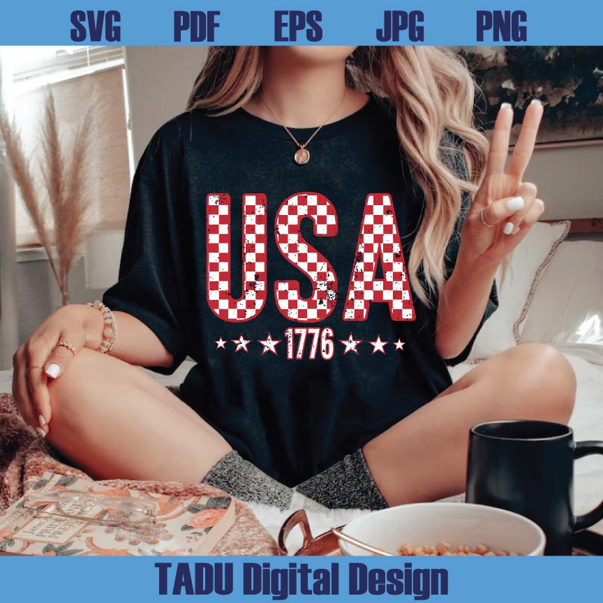 Checkered USA Svg 1776 Checkered America Png Retro 4th of July Svg Png Dxf Eps Files