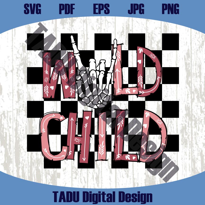 Wild Child Pink Png Checkerd Skeleton Svg Funny Kid Png Cute Girl