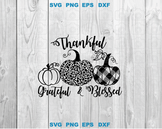 Thankful Grateful Blessed svg Leopard tran Pumpkin svg Buffalo Plaid Pumpkin Silhouette Fall svg png dxf eps cut files Cameo Cricut