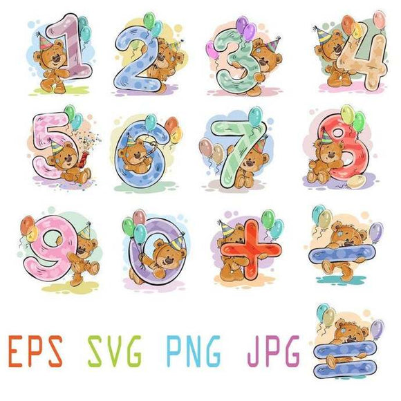 Number with Teddy Bear Birthday svg vector clipart print shirt poster decor gift party invitation svg eps png dxf cutting files cricut