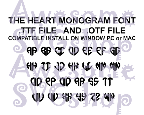 Love Heart Monogram font file ttf otf font true type font installable on PC Mac Cricut font Download letter decor shirt party birthday