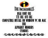 Incredibles font file .ttf file .otf file installable on PC or Mac Incredibles Alphabet number for decor party birthday Office Cricut
