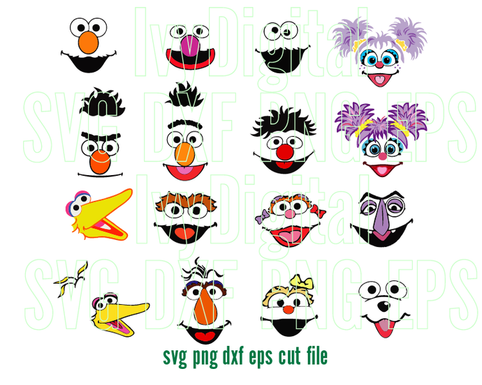 Sesame Street svg Sesame Street faces Head Clipart Sign Birthday Invitation Shirt Decorations Party Gift Print svg png dxf cut files cricut