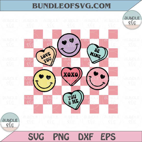 Candy Hearts Smiley Face Svg Groovy Valentines Checkered Be Mine Png Sublimation Eps Dxf Svg Files