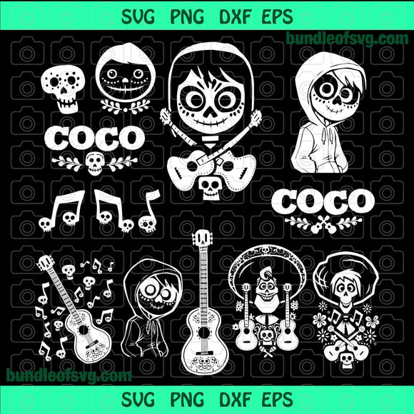 Bundle Pixar Coco SVG Miguel Rivera Guitar Coco Birthday Party Ornament Invitation svg png dxf eps files Cricut