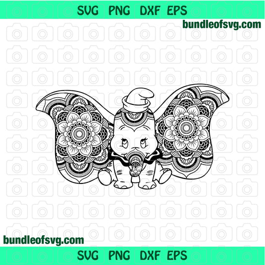 Dumbo Elephant Mandala svg Mandala Elephant Dumbo Floral Flower Decor clipart birthday shirt svg png dxf eps cut files cameo cricut