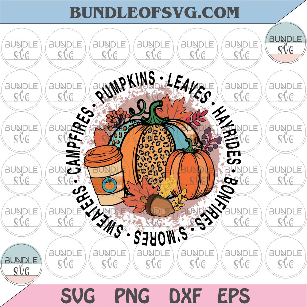 Leopard Pumpkin Spice Leaves svg Campfire Flannel Sweater Pumpkins Hayrides Bonfires svg Autumn svg png eps dxf files