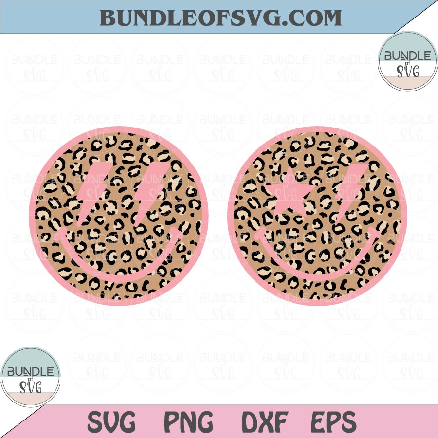 Leopard Smiley Face Svg Star Lightning bolt eyes Smile Svg Png Eps files Cameo Cricut - BundleofSVG